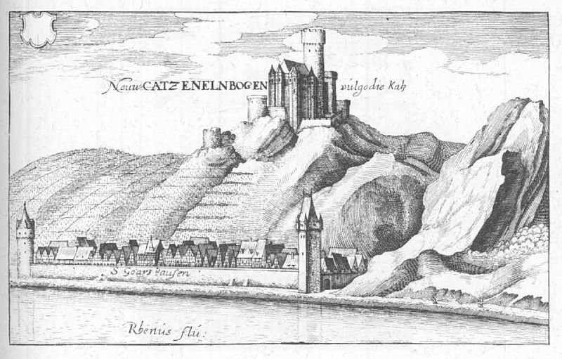 Sankt Goarshausen und Burg Katzenelnbogen, Stich oder Radierung von Matthäus Merian aus dem Jahr 1655