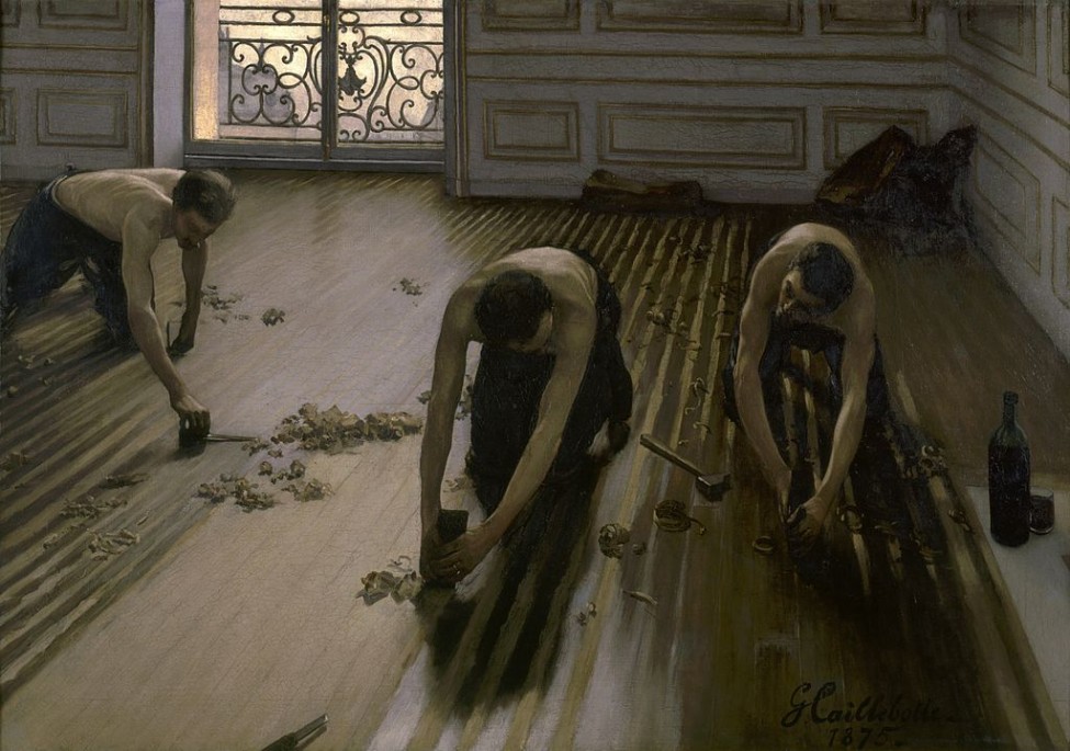 Gemälde von Gustave Caillebotte zeigt Handwerker beim Abziehen eines Dielenbodens